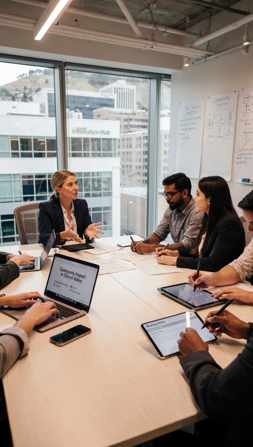 Modern workspace with a laptop showing a website interface for submitting local stories and feedback.